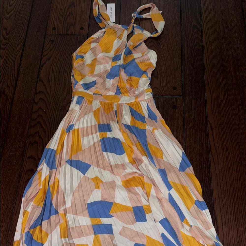 Amour Vert Yellow and Blue Ruffled Tiered Sundress abstract geometric dress NWT